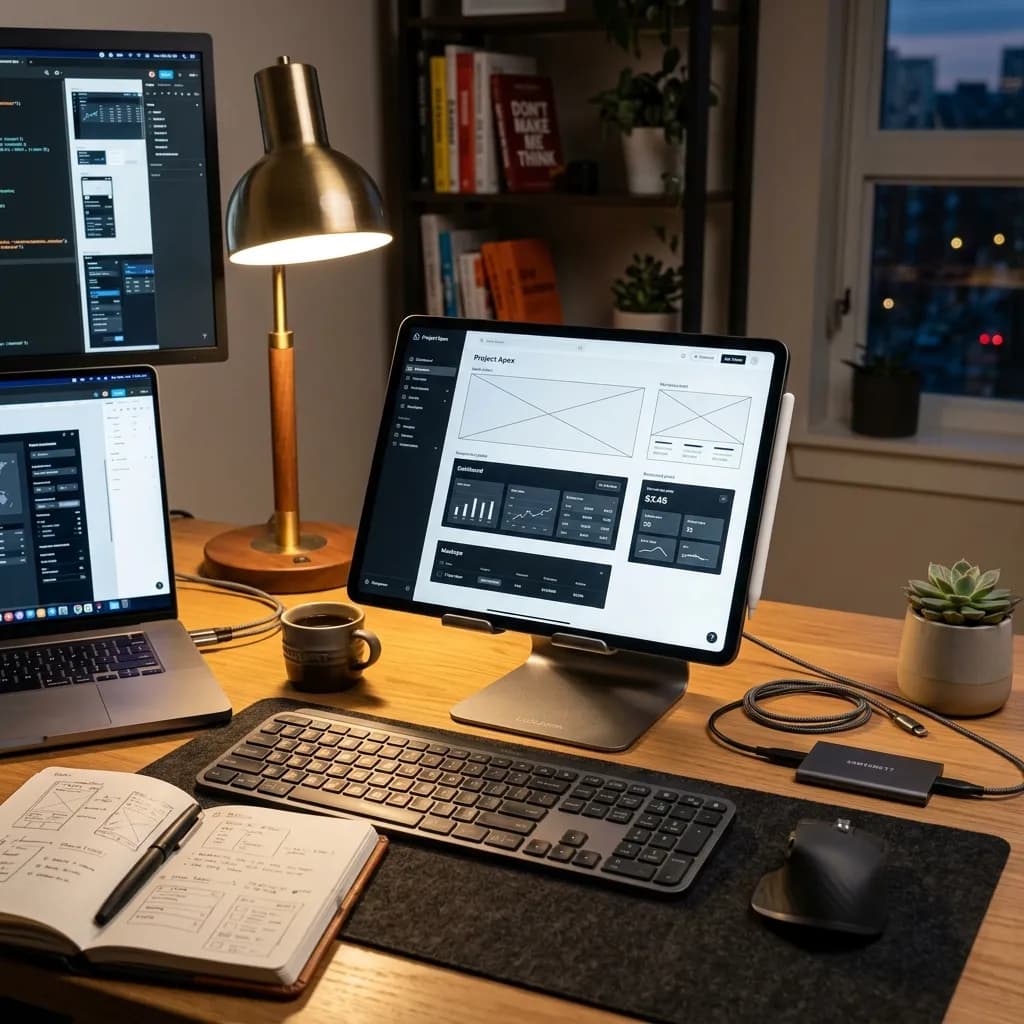 App wireframes on a tablet and a laptop on a desk, with a notebook beside them